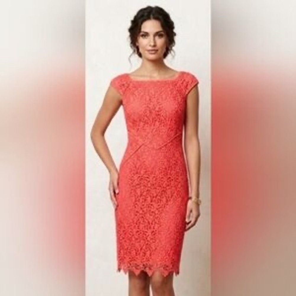 Antonio Melani Coral Pink Floral Lace Sheath Dress Cap Sleeve Scallop Hem Sz 8
